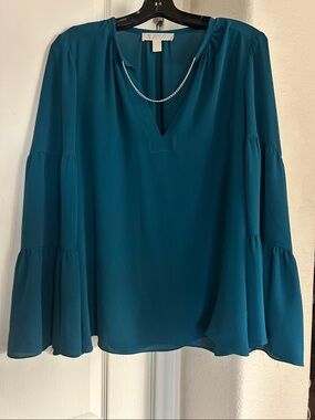 Michael Kors Teal Tiered Ruffle Sleeve V-Neck Blouse